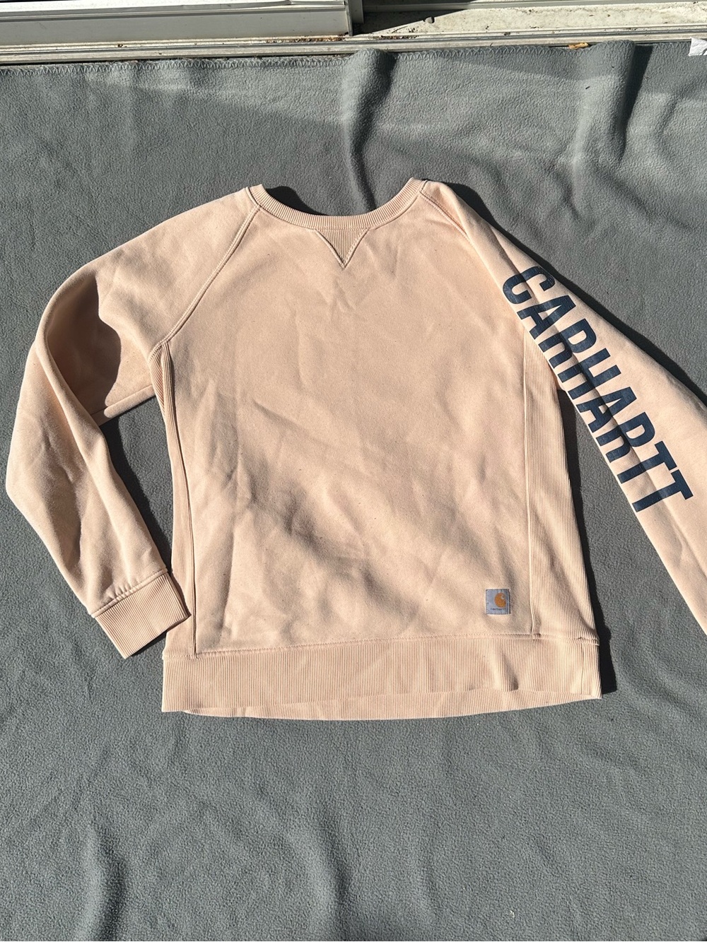 Carhartt Women's Pale Pink Crewneck Sweatshirt with Sleeve Logo